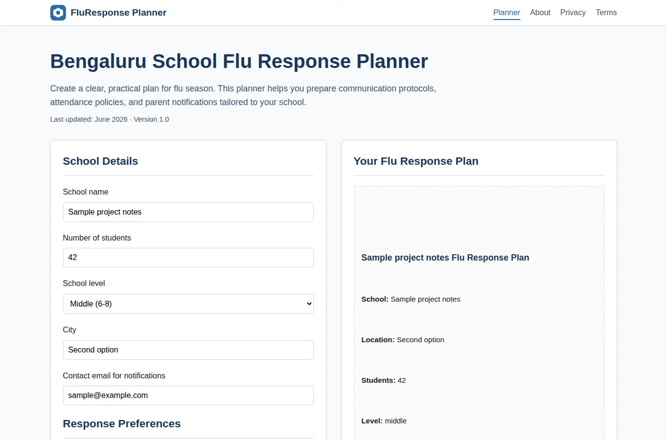 Screenshot of Bengaluru School Flu Response Planner interface showing the project page in use